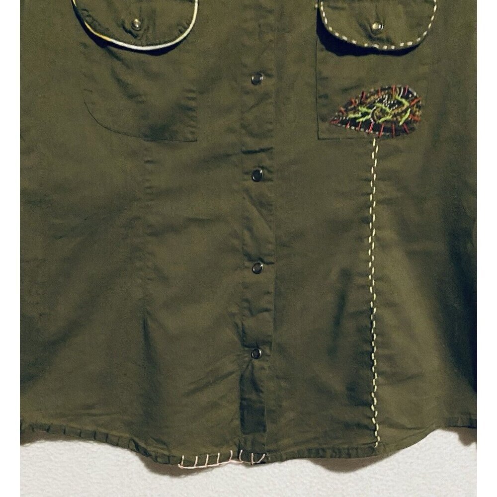 Anthropologie Sahalie Top Womens Medium Green Embroidered Button Up Boho Prairie - Picture 3 of 7
